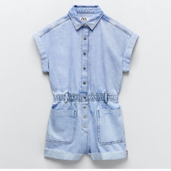 Zara Denim Romper Raw Hem Snap Button Closure Sz-L - Picture 7 of 10